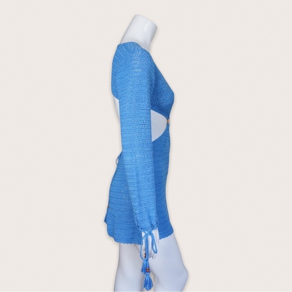 BEGINNING BOUTIQUE | Women’s Cleo Crochet Mini Dress Coverup Blue 4 - Picture 2 of 6